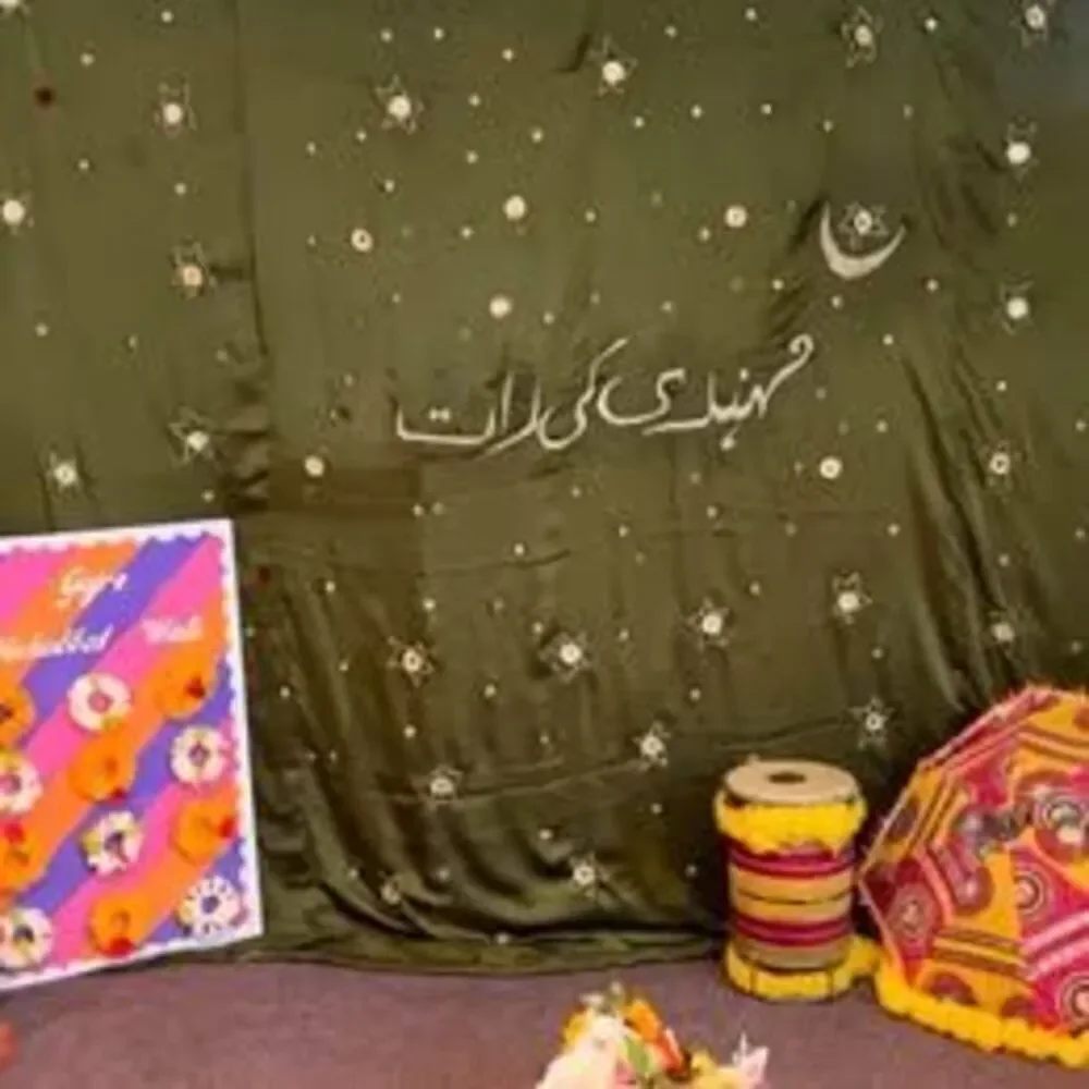 WEDDING MEHNDI KI RAAT SILK BACKDROP VINTAGE DESIGN HANDMADE